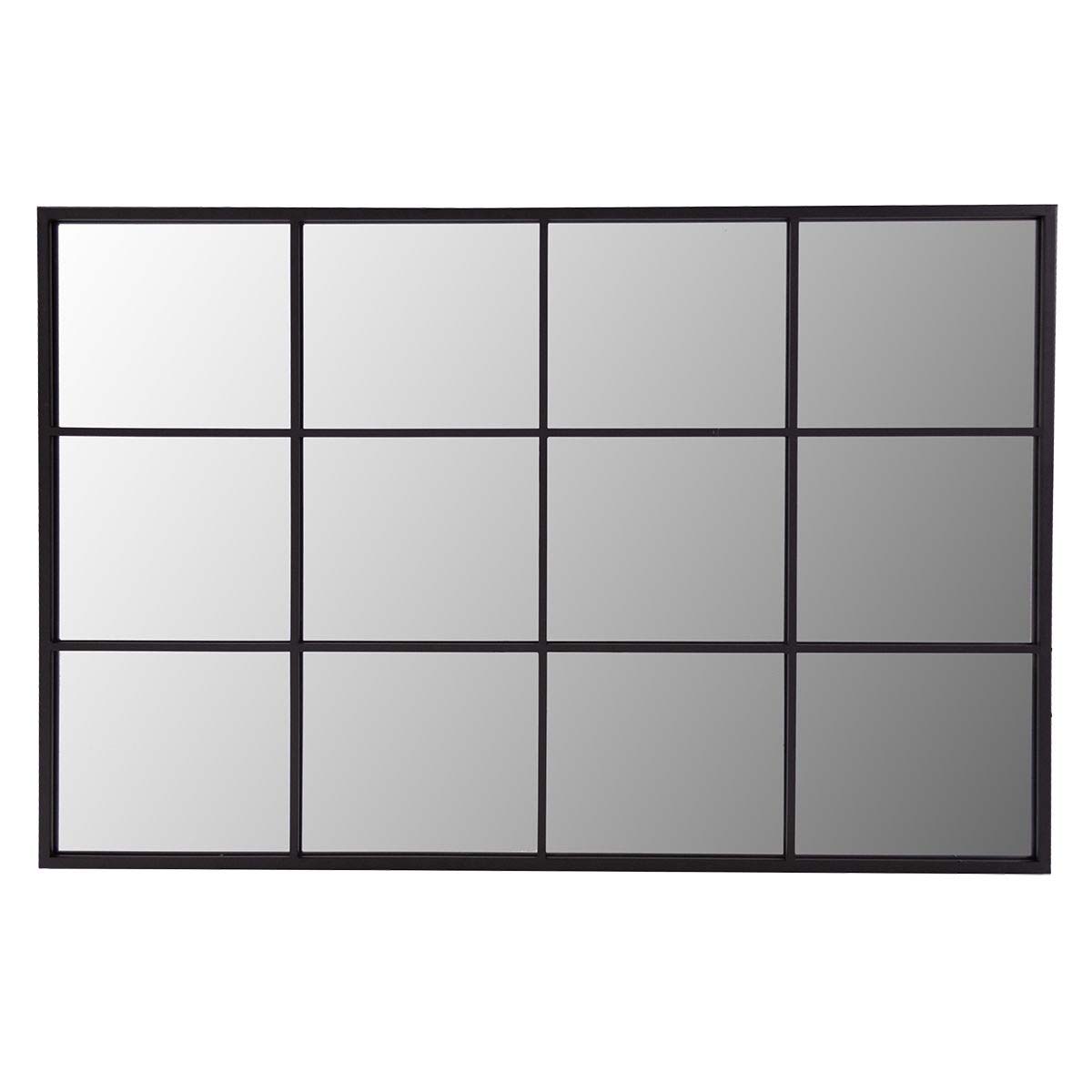 Large black industrial window mirror featuring a grid design with twelve rectangular glass panels, framed in a sleek black metal.