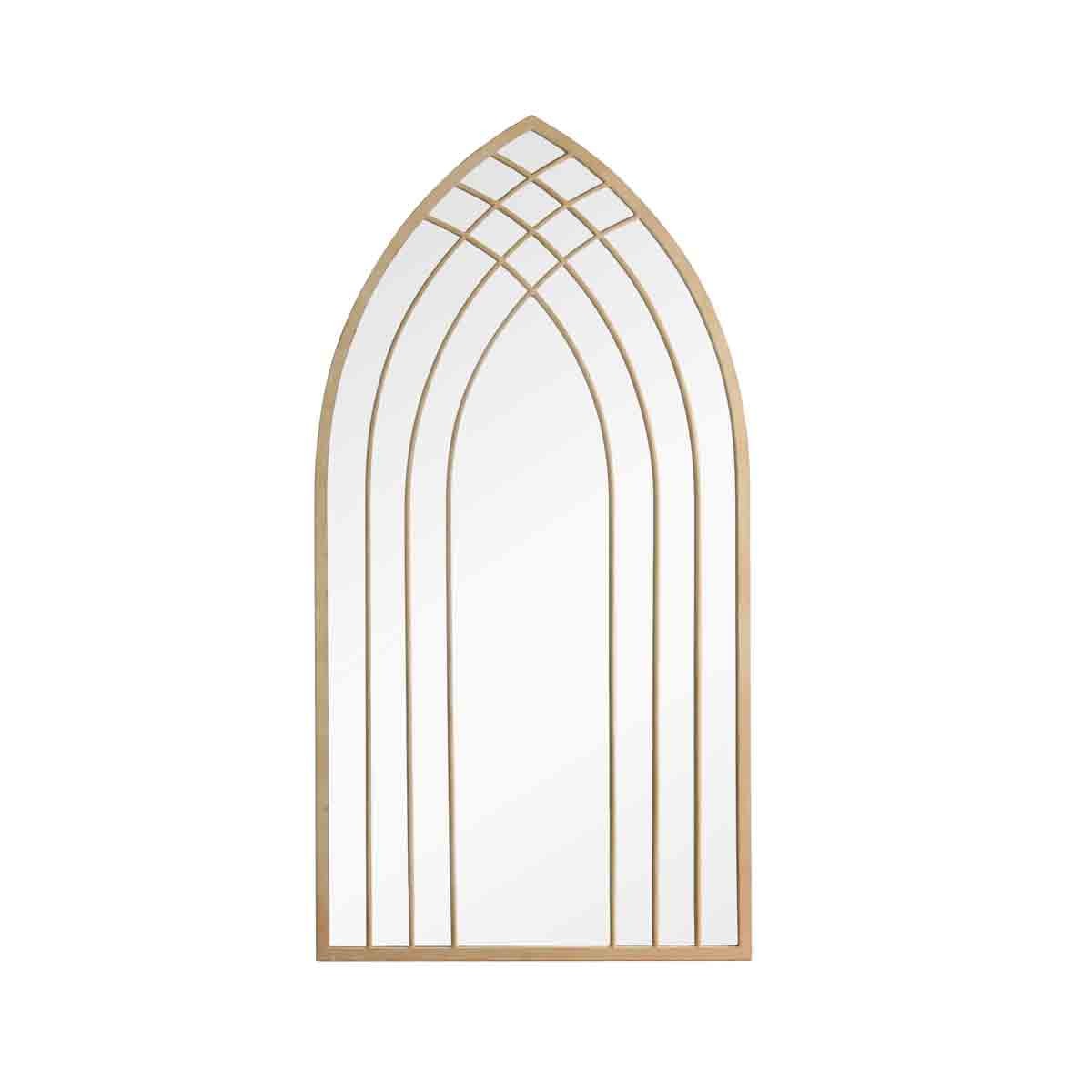 Weather-resistant wall-mounted arch mirror featuring a wooden frame with a natural finish and intricate geometric design, ideal for outdoor or indoor use.