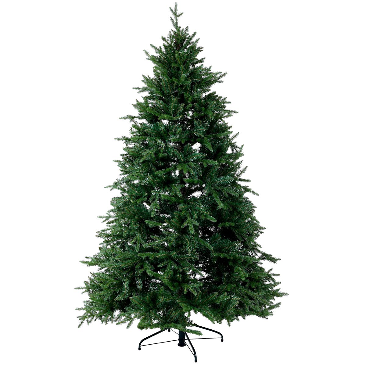 Luxury 7ft faux Christmas tree in green with a hinged design, featuring dense, realistic branches and a sturdy black metal stand.