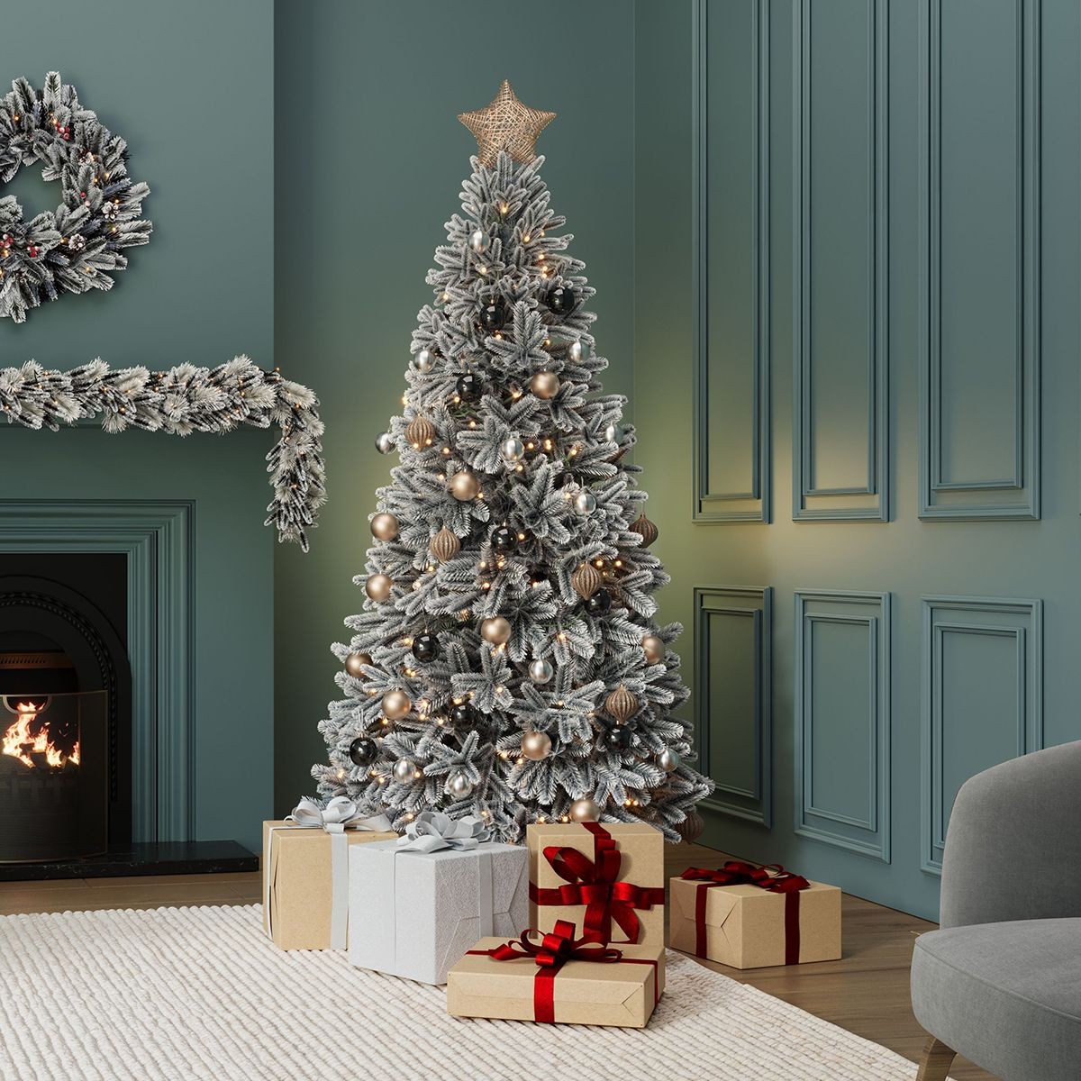 Luxury 6ft pre-lit faux snowy Christmas tree in green with warm white lights, adorned with ornaments, topped with a star, surrounded by wrapped gifts in a cozy room setting.