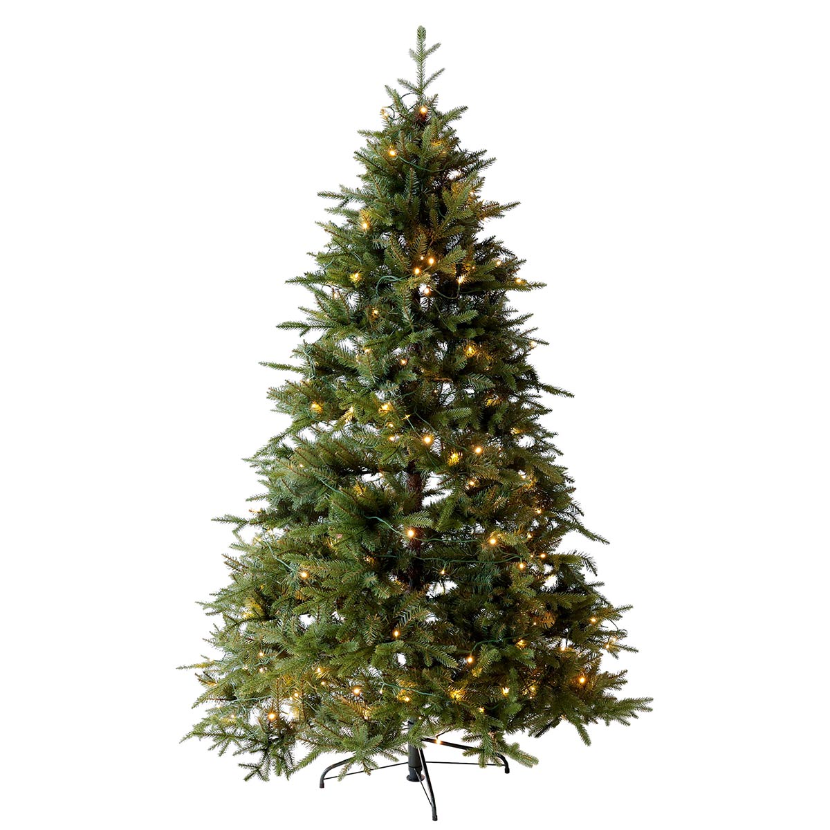 Luxury 7ft pre-lit faux Christmas tree in green, featuring realistic foliage and warm white lights, supported by a sturdy black metal stand.