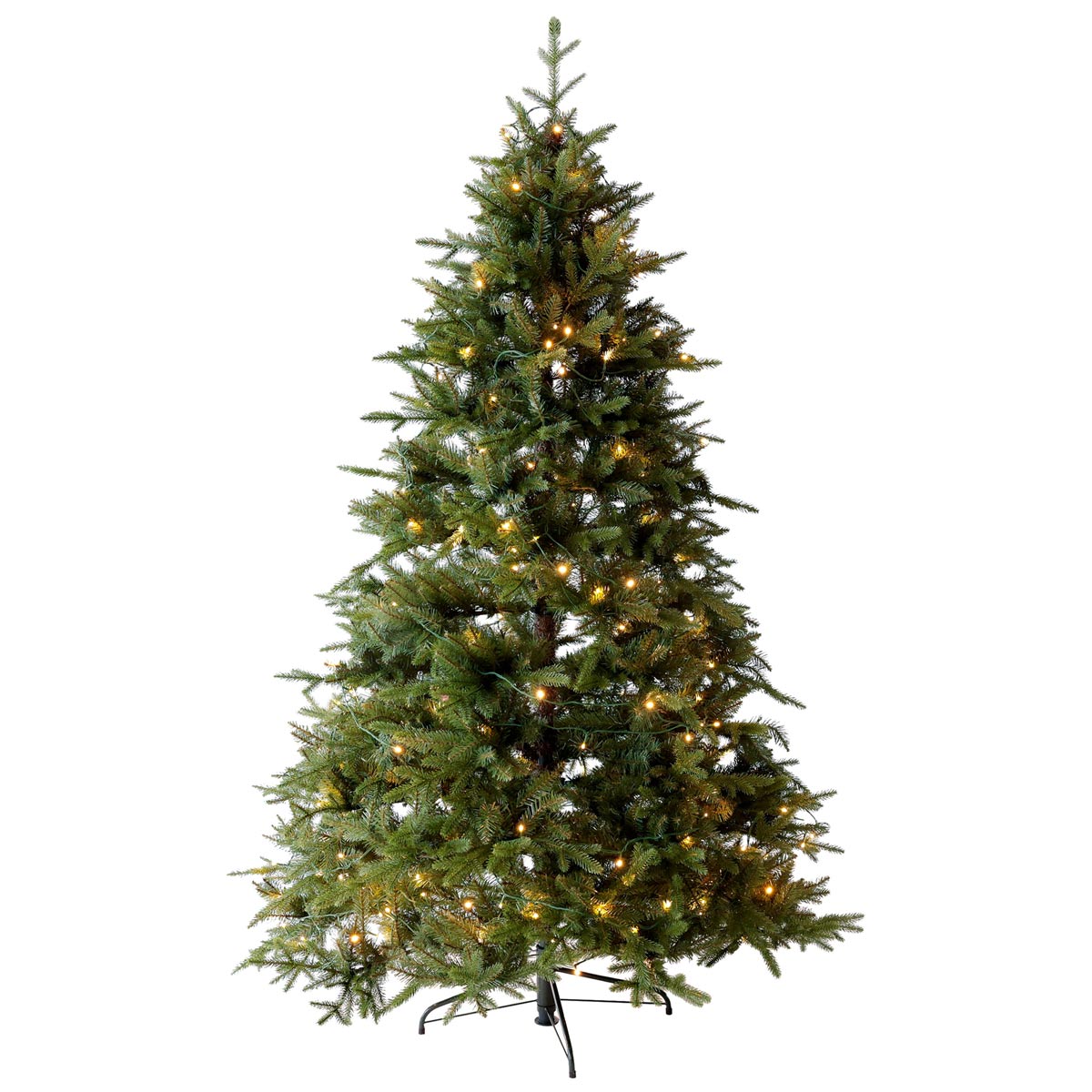 Luxury 8ft pre-lit faux Nordic spruce Christmas tree in green, featuring realistic branches and warm white lights, supported by a sturdy black metal stand.