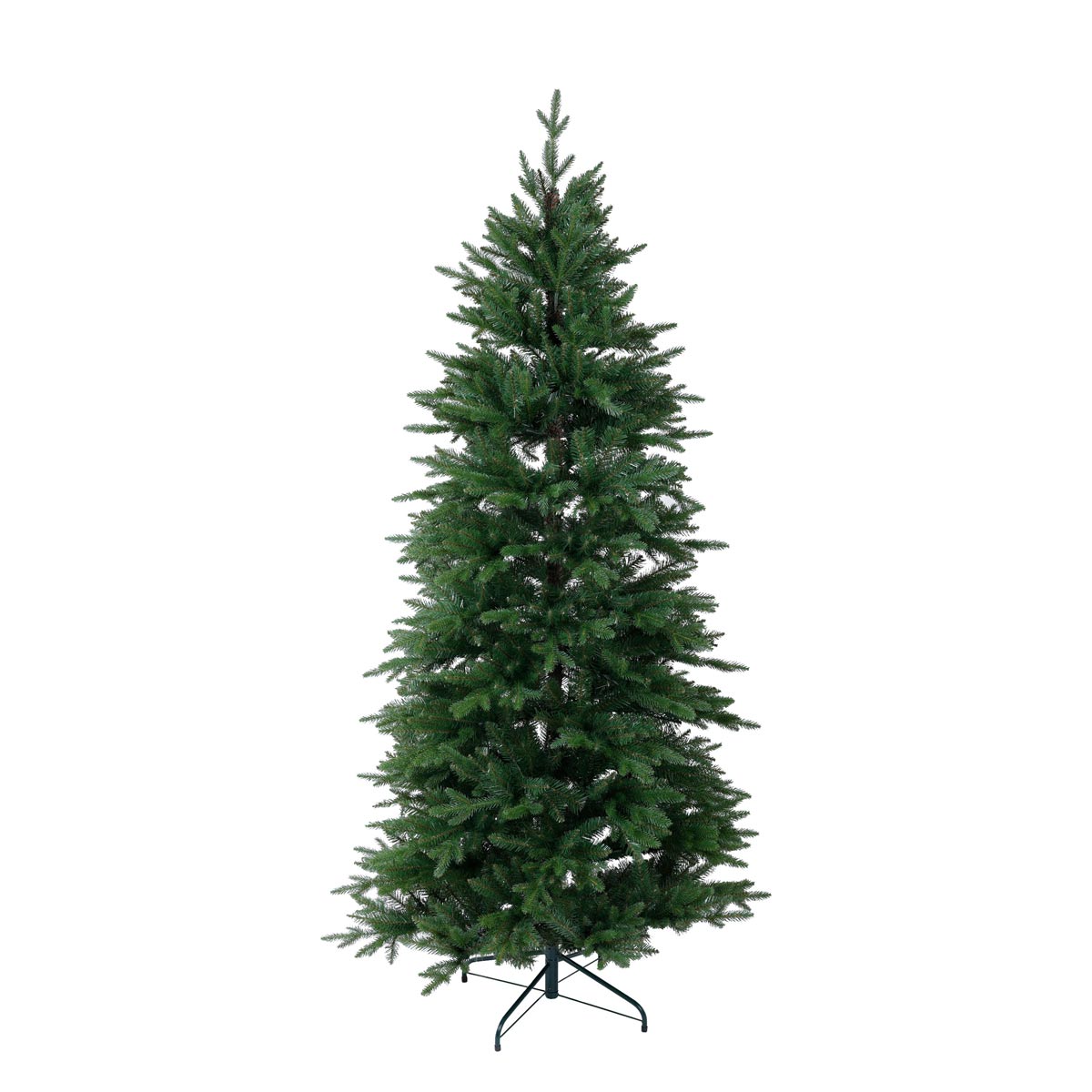 Luxury 7ft slimline faux Nordic spruce Christmas tree in green, featuring a hinged design and a sturdy metal stand for easy setup and stability.