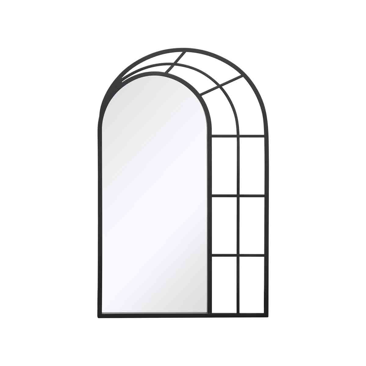 Black arch window style mirror with a weather-resistant frame, featuring a geometric grid design and a smooth reflective surface.