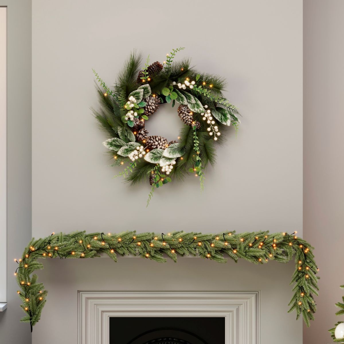 Charles Bentley Pre-Lit Eucalyptus White Berry and Pinecone Christmas Wreath 55cm - image 3