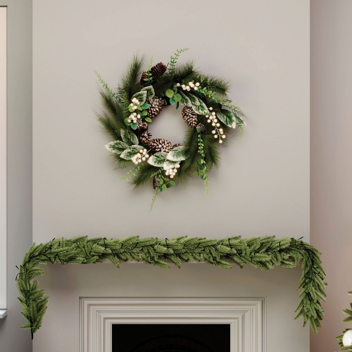 Charles Bentley Pre-Lit Eucalyptus White Berry and Pinecone Christmas Wreath 55cm - image 4