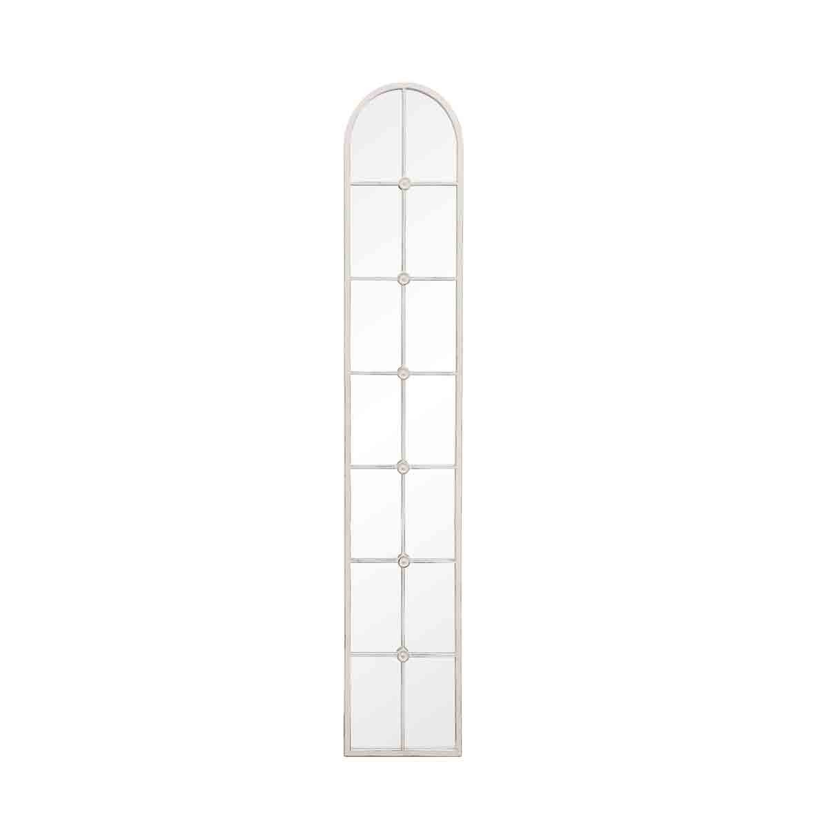Tall, weather-resistant arch mirror with a white frame, featuring a grid design and circular accents, perfect for outdoor or indoor use.