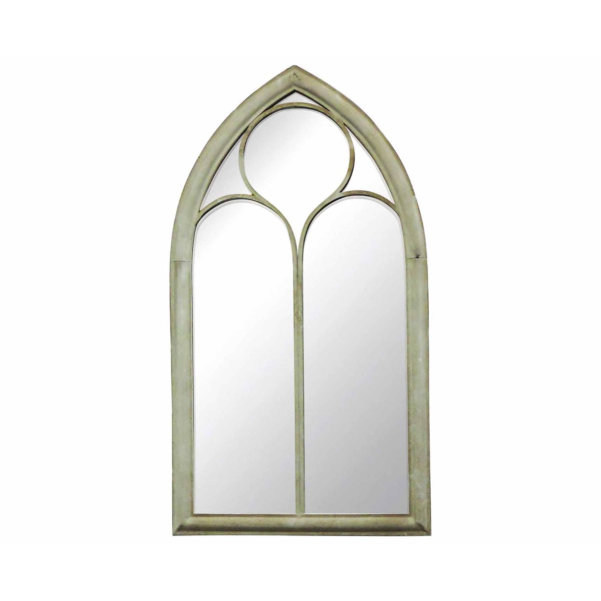 Gothic chapel-style mirror with an arched top, featuring a distressed green frame and elegant cut-out design, suitable for indoor use.