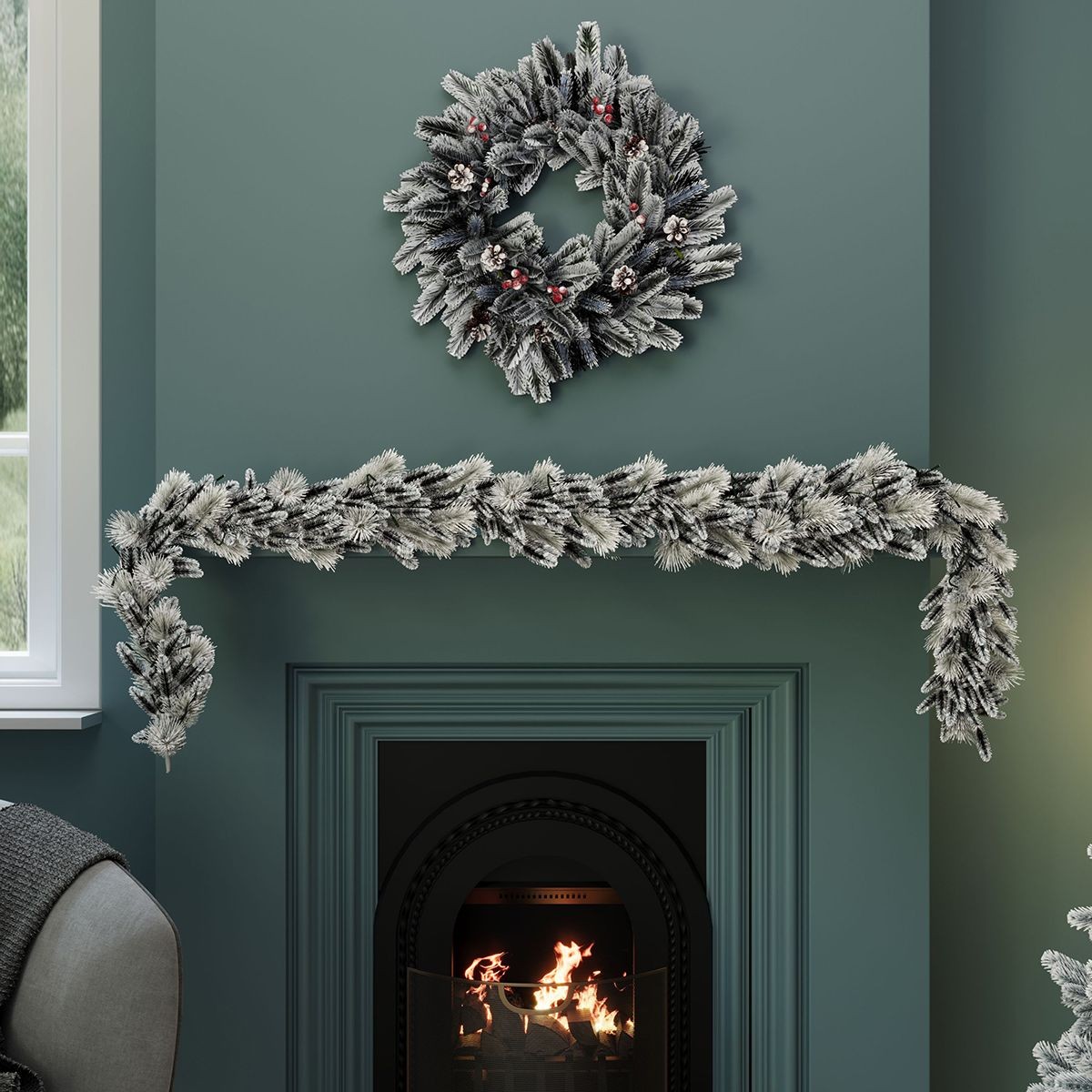 Charles Bentley Snowy Pre-Lit Red Berry and Pinecone Christmas Garland 180cm - image 3