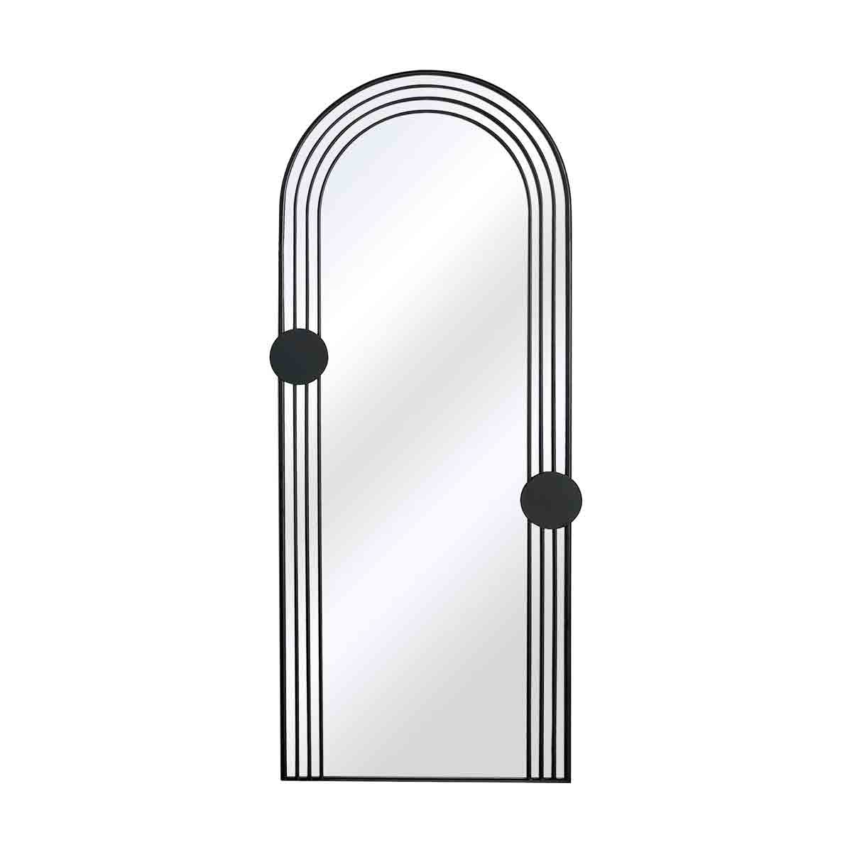 Black arch mirror with weather-resistant, shatterproof design; features a sleek iron and aluminum frame, complemented by two circular black accents.