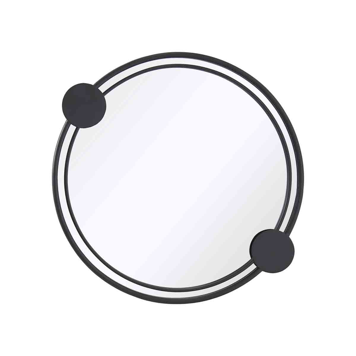 Round mirror with a sleek, minimalist design featuring a black metal frame and two circular accents on the sides, creating a modern aesthetic.