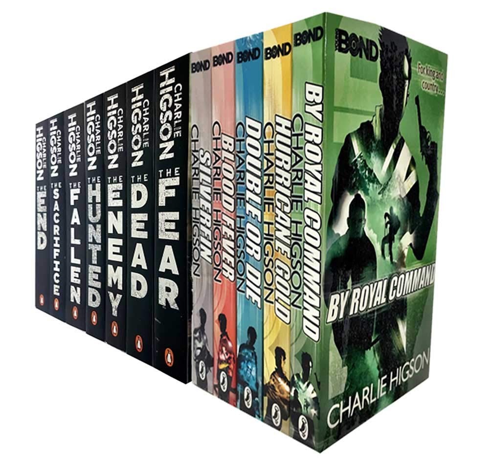 Twelve paperback books from Charlie Higson's "The Enemy" and "Young Bond" series, featuring colorful spines with titles and author name prominently displayed.