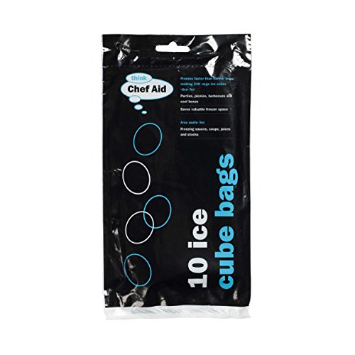 Transparent ice cube bags by Chef Aid, holding 10 ice cubes, packaged in a black plastic wrapper with blue and white text and circular graphics.