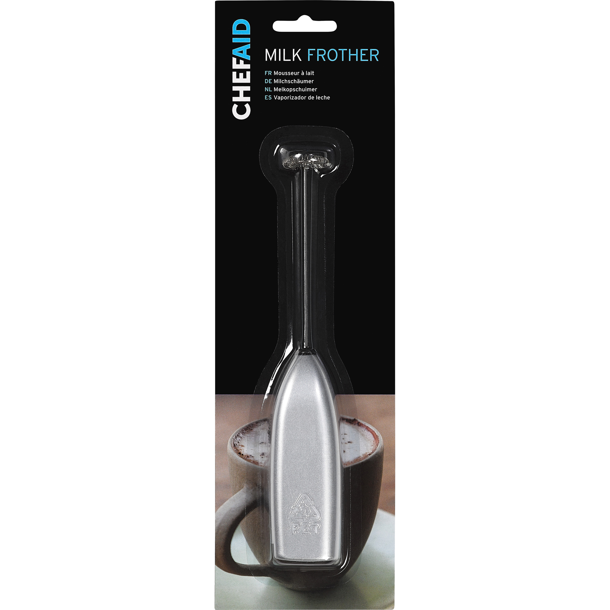 Silver milk frother with a sleek, elongated design, featuring a comfortable handle and a whisk head, packaged on a black backing card with the Chef Aid logo.