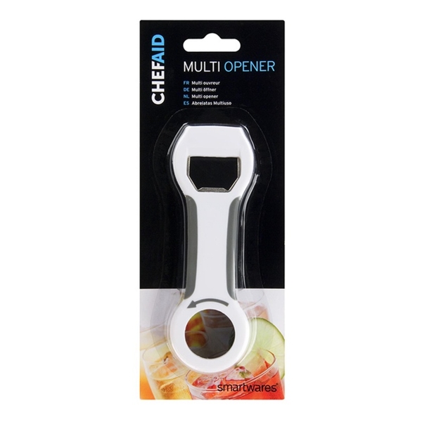 Silver multi opener with a bottle cap remover and jar opener, packaged on a black card featuring the Chef Aid logo and product details.