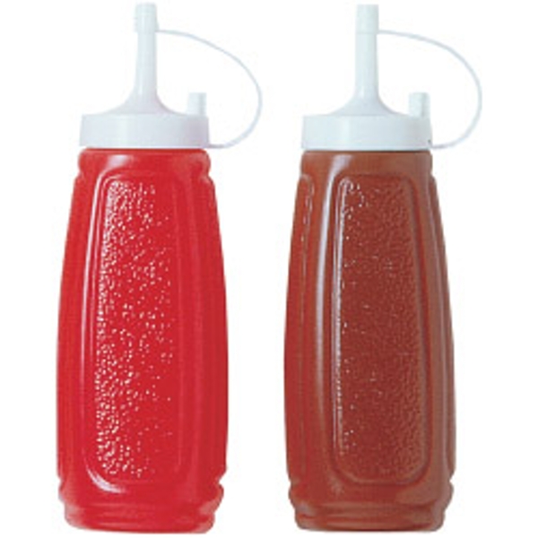 Two squeezy sauce bottles in red and brown, made of plastic, featuring textured surfaces and white dispensing caps with attached nozzles.