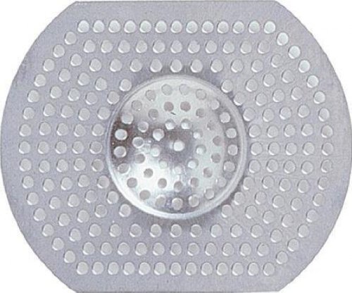 Large silver sink strainer with a circular center and numerous small holes, designed to catch food debris while allowing water to flow through.