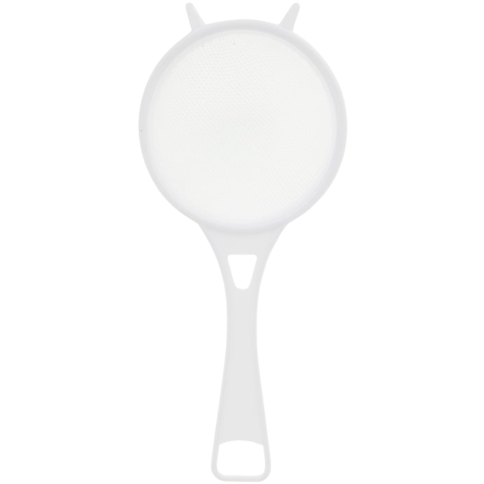 White plastic tea strainer featuring a nylon mesh, round shape with a long handle and two small prongs on the top for easy gripping.