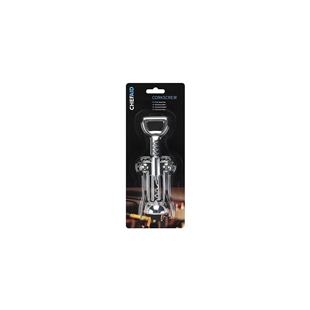 Chrome-plated wing corkscrew with a shiny finish, featuring two large wings for leverage, packaged in a sleek black and blue card.