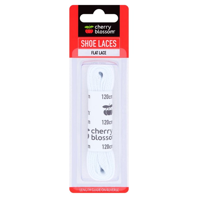 White flat shoe laces by Cherry Blossom, measuring 120cm, packaged in a red and white label with a cherry logo, featuring a length guide on the reverse side.