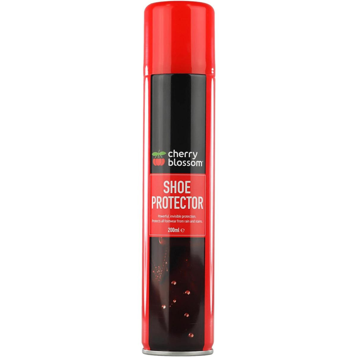 Red aerosol can labeled "Cherry Blossom Shoe Protector," featuring a black band with white text, and a logo with a cherry blossom. Contains 200ml of protective spray.