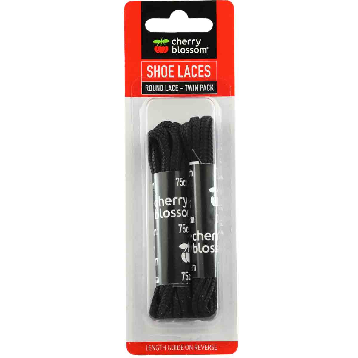 Black round shoe laces in a twin pack, each 75cm long, featuring a Cherry Blossom logo on the packaging, set against a vibrant red background.