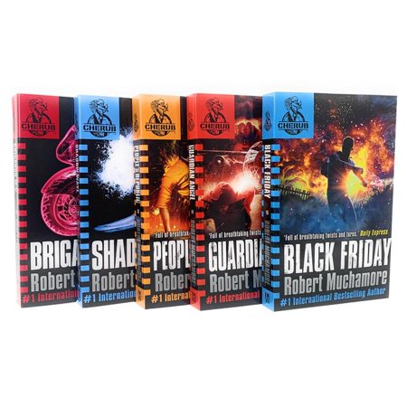 Five colorful paperback books from the "Cherub Series 3" collection, featuring vibrant covers with action scenes and titles in bold text, authored by Robert Muchamore.