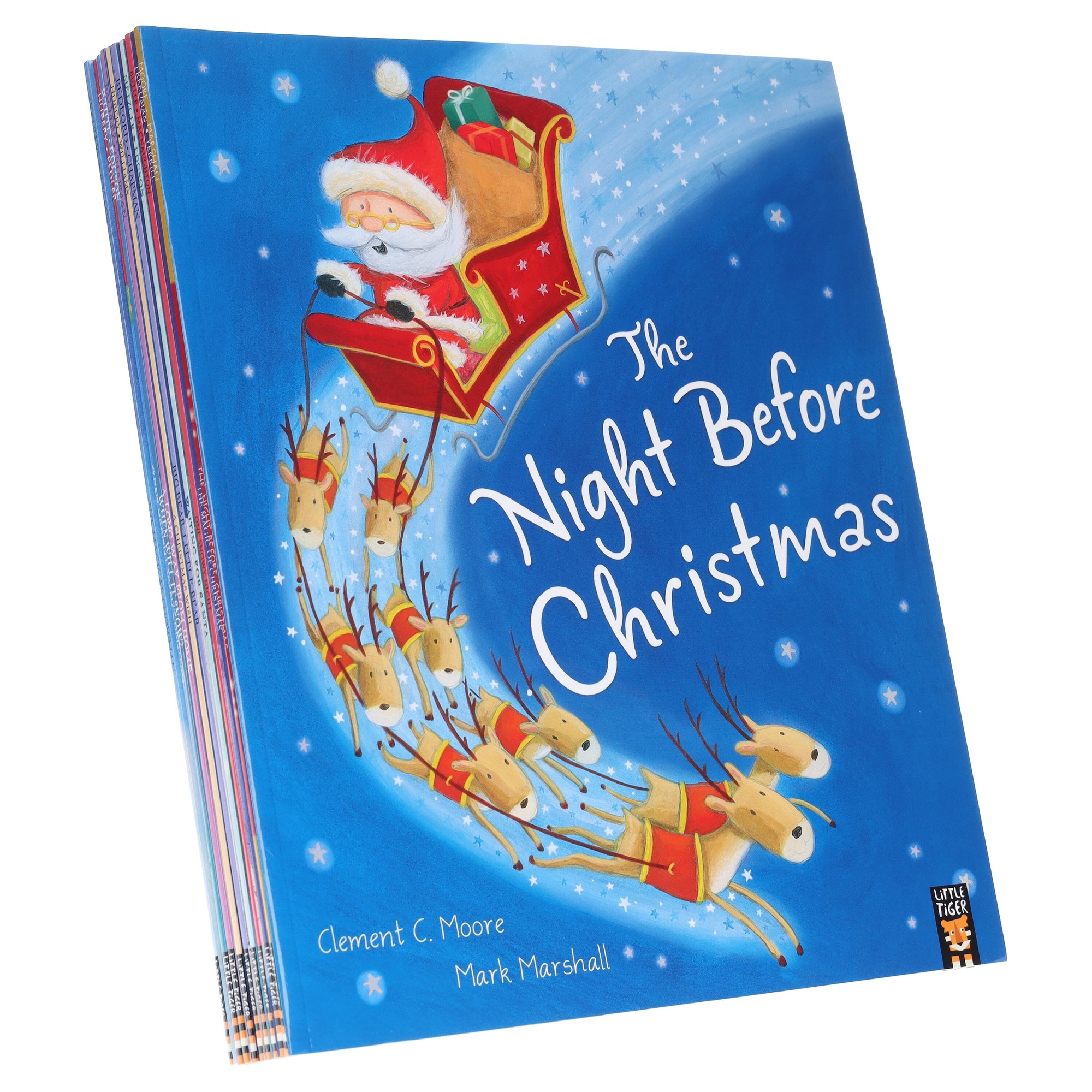 Colorful children's storybook collection featuring a festive cover with Santa in a sleigh, reindeer, and snowy background, showcasing titles like "Night Before Christmas" and "One Snowy Night."