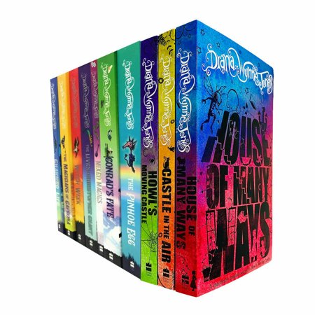 Ten paperback books from the "Chrestomanci" and "Howl's Moving Castle" series by Diana Wynne Jones, featuring colorful spines with unique designs and titles in bold lettering.