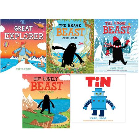 Five colorful children's book covers featuring whimsical illustrations: "The Great Explorer," "The Brave Beast," "The Lonely Beast," "The Snow Beast," and "TiN," showcasing vibrant characters and landscapes.
