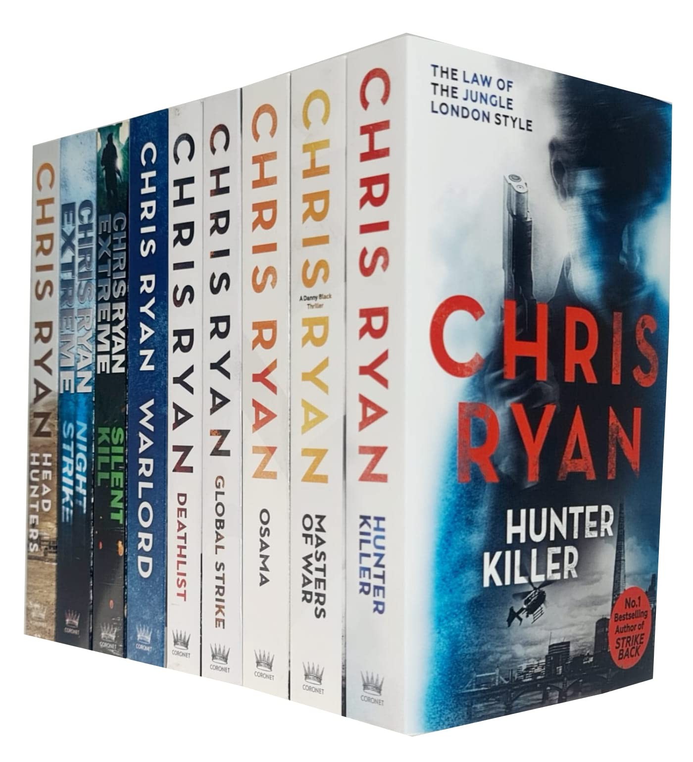 Nine-book collection by Chris Ryan featuring titles like "Hunter Killer" and "Osama," with colorful spines and bold lettering, showcasing a mix of action and military themes.