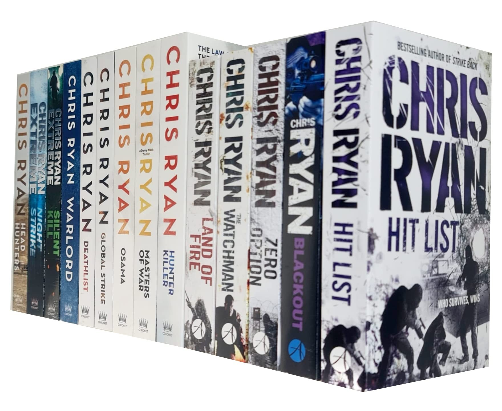 Fourteen paperback books from the Chris Ryan Collection, featuring titles like "Hit List," "Blackout," and "Zero Option," with colorful spines and bold white lettering.