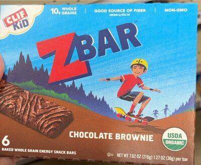 Clif Kid Z Bar box featuring a chocolate brownie flavor, with a colorful design, showing a boy on a skateboard, and marked as USDA Organic and non-GMO.