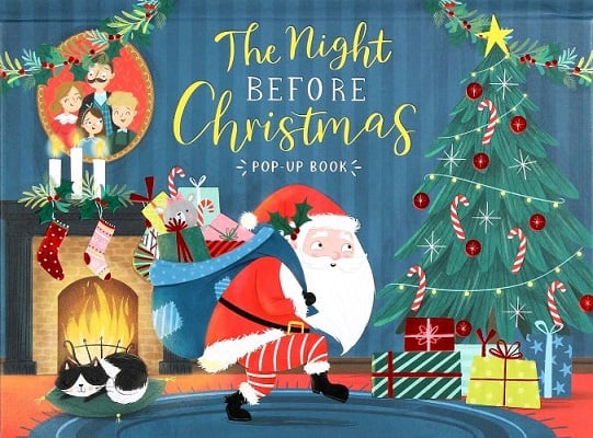 Colorful pop-up book cover featuring Santa Claus with a sack of gifts, a decorated Christmas tree, presents, a cozy fireplace, and festive holiday decorations.