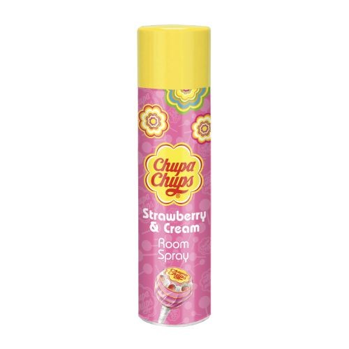 Tall cylindrical room spray can with a yellow cap, featuring a pink background adorned with colorful floral patterns and the Chupa Chups logo, labeled "Strawberry & Cream."