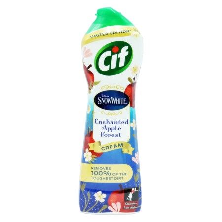 Cif Cream Snow White multipurpose cleaner in a 500ml bottle, featuring a green cap, floral design, and Disney's Snow White branding with "Enchanted Apple Forest" label.