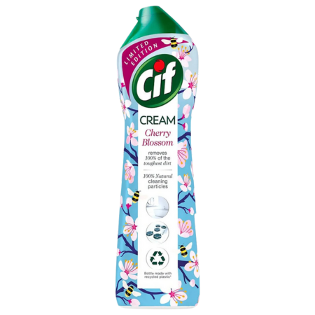 Cif Cream 500ml in a floral-patterned bottle featuring cherry blossom design, green cap, and text highlighting its natural cleaning properties.