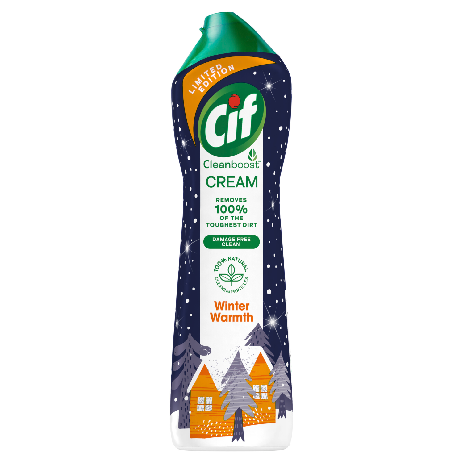 Cif Cleanboost Winter Warmth Cream 500ml features a blue and white bottle with a green cap, decorated with winter-themed graphics and text highlighting its cleaning power and seasonal scent.