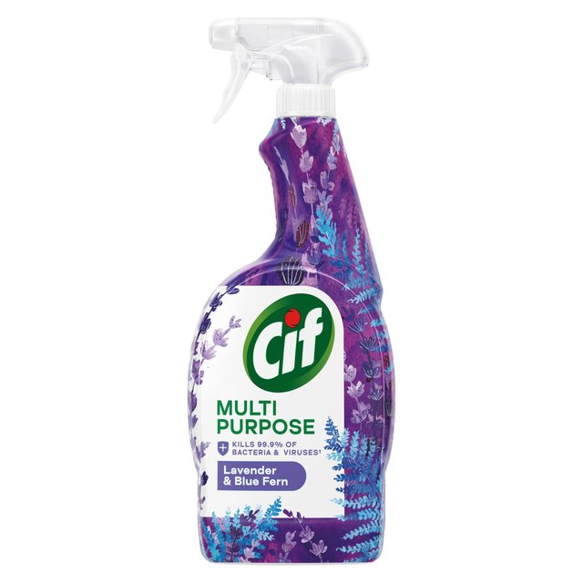 Purple spray bottle with a trigger nozzle, featuring lavender and blue fern designs, labeled "Cif Multi Purpose" and indicating it kills 99.9% of bacteria and viruses.
