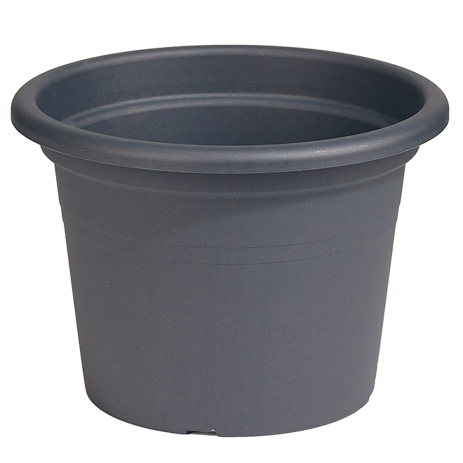 Round plastic planter in anthracite color, measuring 10 inches in diameter, featuring a smooth finish and a slightly flared rim for easy handling.