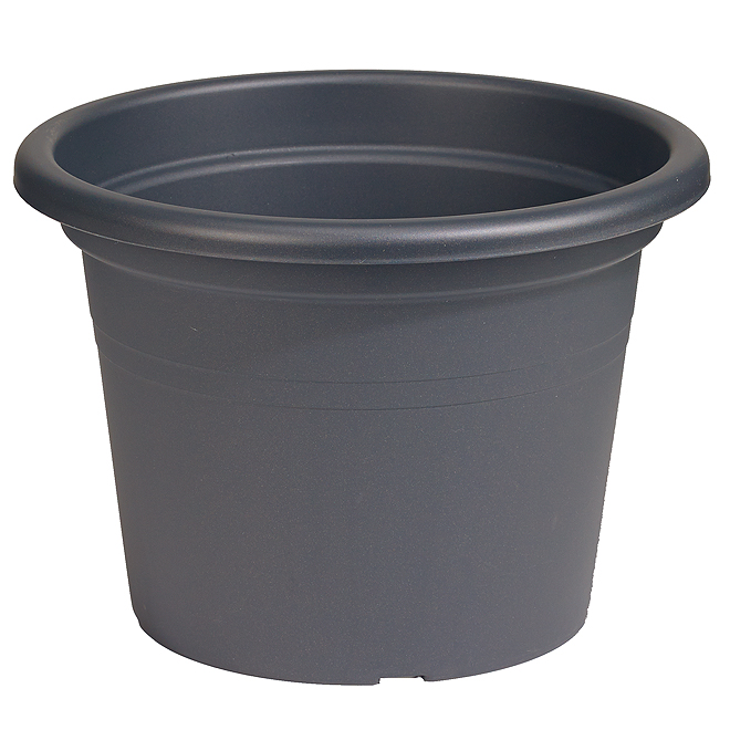 Round plastic planter in anthracite gray, 12 inches in diameter, featuring smooth sides and a slightly flared rim, ideal for indoor or outdoor use.