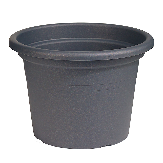 Round plastic planter in anthracite gray, 14 inches in diameter, featuring a smooth finish and slightly tapered design for stability and style.