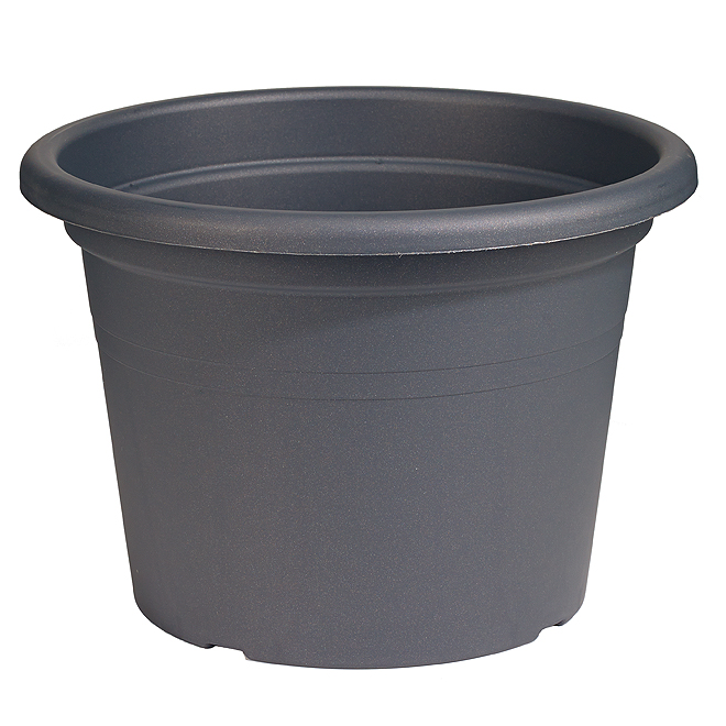Round plastic planter in anthracite color, 16 inches in diameter, featuring a smooth finish and subtle horizontal ridges around the upper edge.