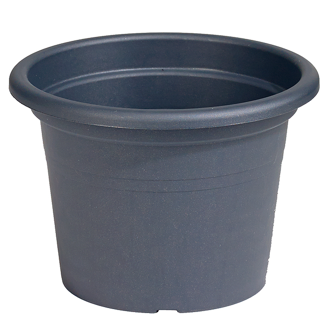 Round 8-inch planter in anthracite color, made of durable plastic, featuring a smooth finish and subtle horizontal ridges near the rim.