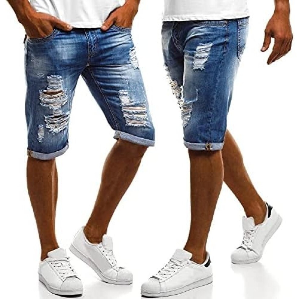Light blue denim shorts with distressed detailing, rolled cuffs, and a relaxed fit, paired with white sneakers, showcasing a casual summer style.