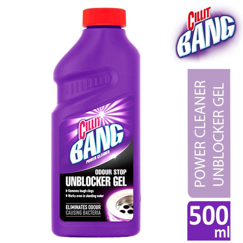 Purple plastic bottle of Cillit Bang Power Cleaner Drain Unblocker Gel, 500 ml, featuring a bold logo, with a description highlighting odor elimination and clog removal.