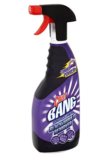 Cillit Bang Black Mould Remover Spray in a purple and black bottle with a red trigger spray top, featuring "Turbo Power" label and cleaning icons on the front.