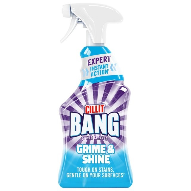 Cillit Bang Grime & Shine 750ml spray bottle features a blue and purple design with a white trigger spray top, labeled "Tough on stains, gentle on your surfaces."