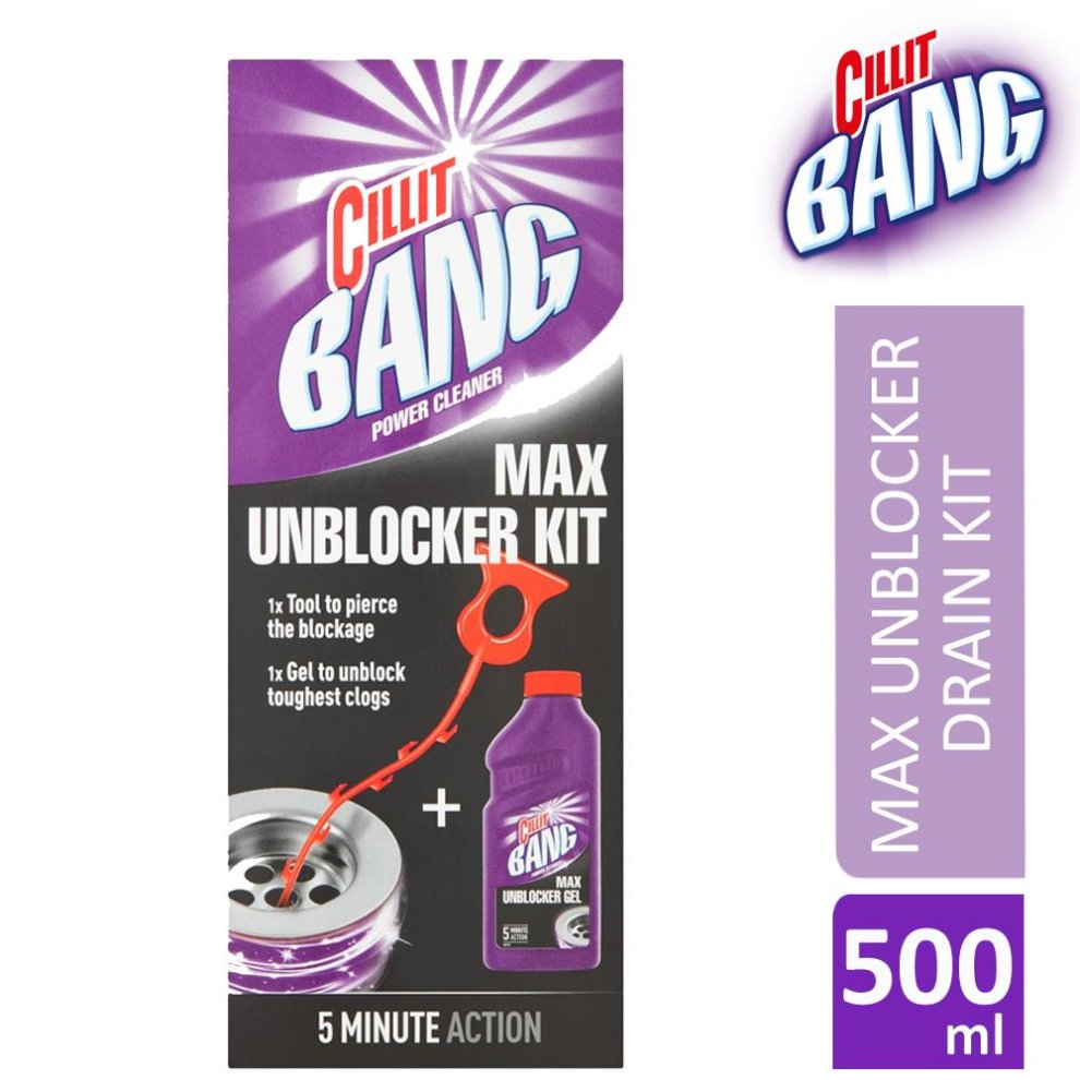 Cillit Bang Max Unblocker Drain Cleaning Kit features a purple box with a red tool for piercing clogs and a bottle of gel, designed for quick 5-minute action, 500 ml size.