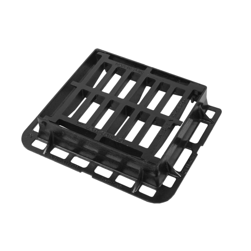 Ductile black hinged gully grate and frame measuring 370mm x 430mm, featuring a slotted design for drainage and sturdy construction for durability.